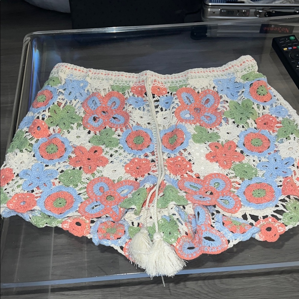Crochet Floral Tie-Waist Shorts - White with Coral, Light Blue & Green